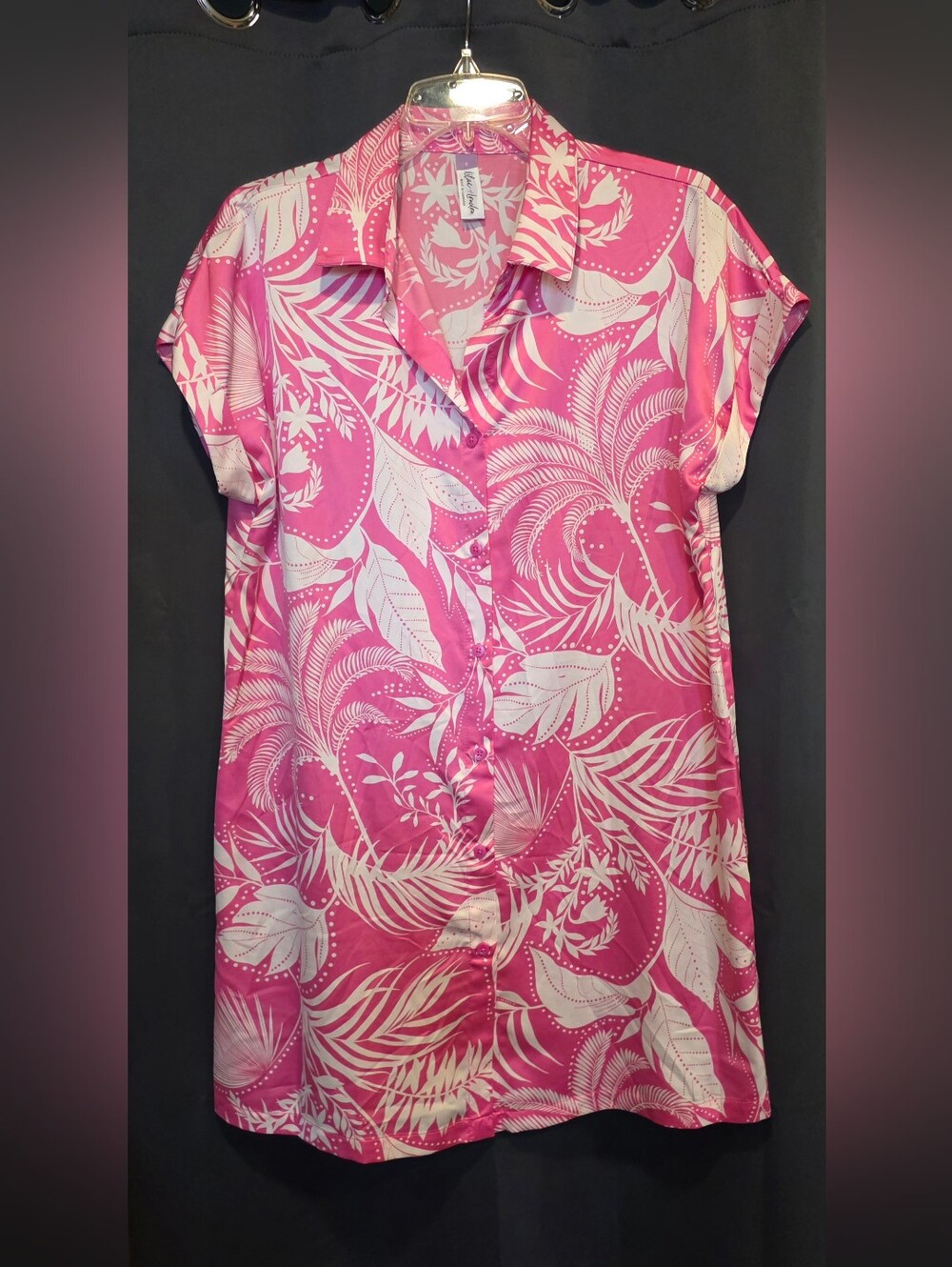Lilac & London Pink Tropical Satin Sleep Shirt Button Small